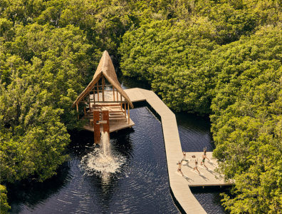 Spa Retreat in Mexico – Relaxation with Hill Views Yoga class by a natural water lake in Mexico