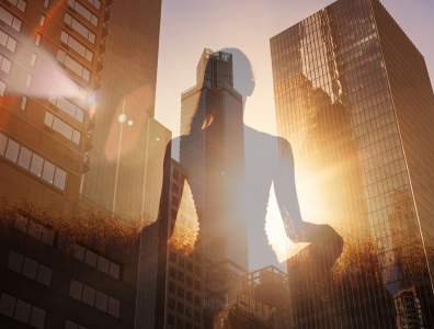 Stress Management – yoga pose in city skyscape Shadow of a woman in a yoga pose looking out across a big city and skyscrapers