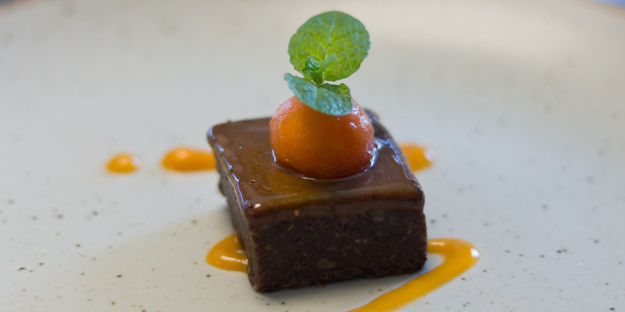 Cube of chocolate-like dessert with a fruit and mint garnish