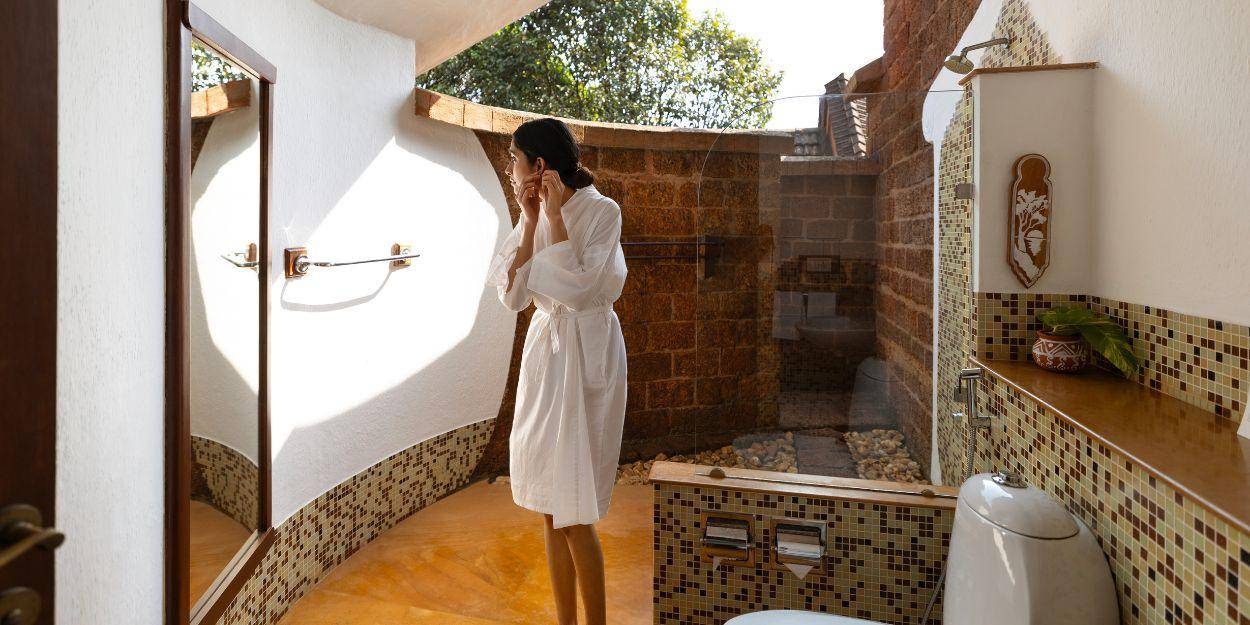 A female guest preparing in her outdoor bathroom featuring shower and toiler