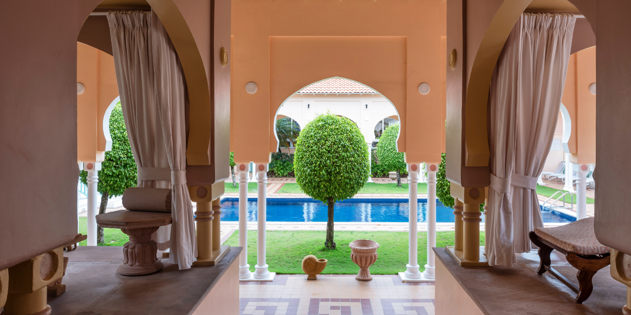 Elegant lobby and pool area at Body Holiday resort in Saint Lucia.