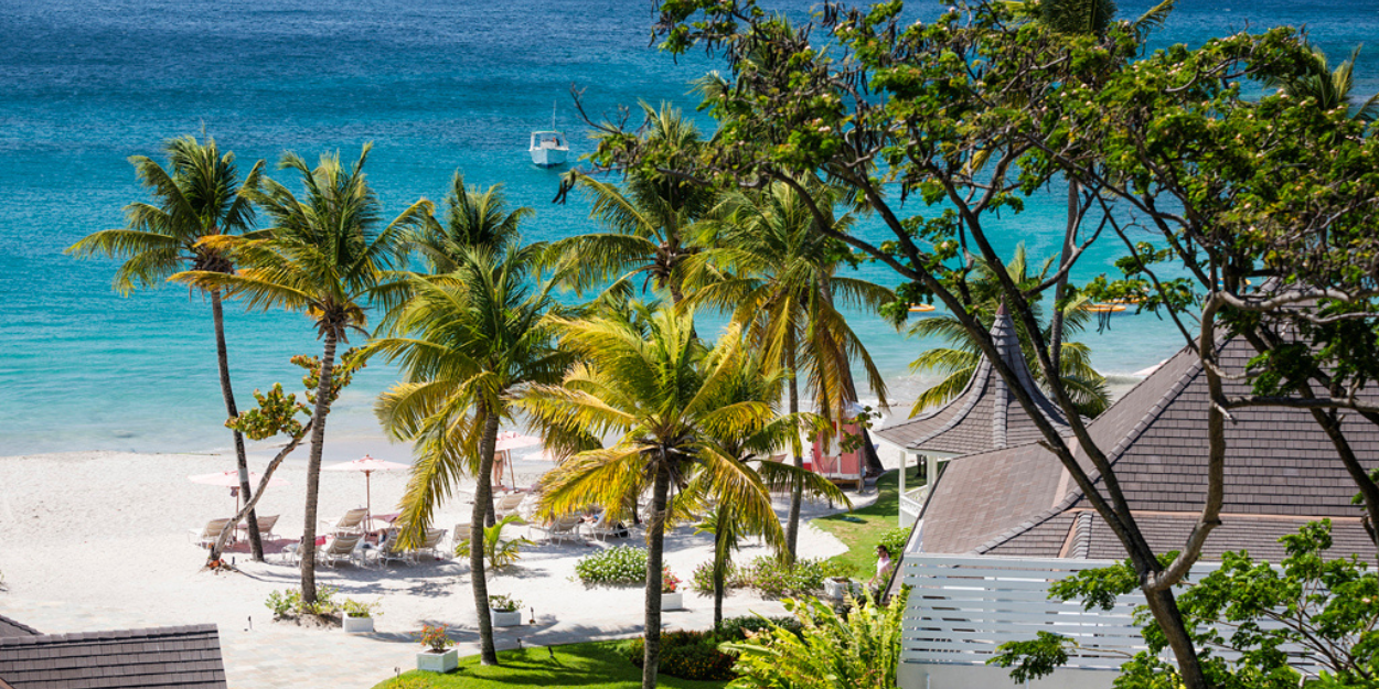 Ocean view with palm trees at Body Holiday resort, Saint Lucia.
