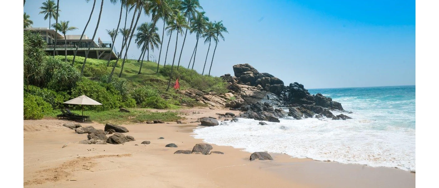 Golden sandy beach being lapped by waves, surrounded by dark rocks, a grassy hillside and sloping palm trees