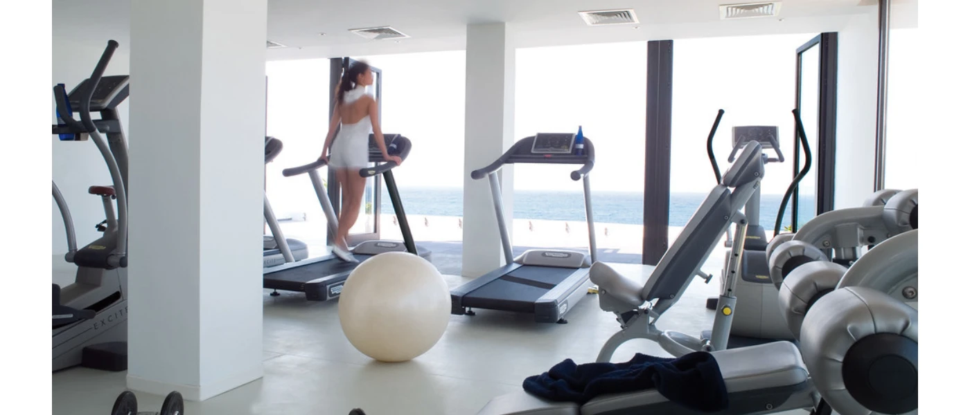 Gym overlooking the sea with equipment including treadmills, an exercise ball and a woman working out