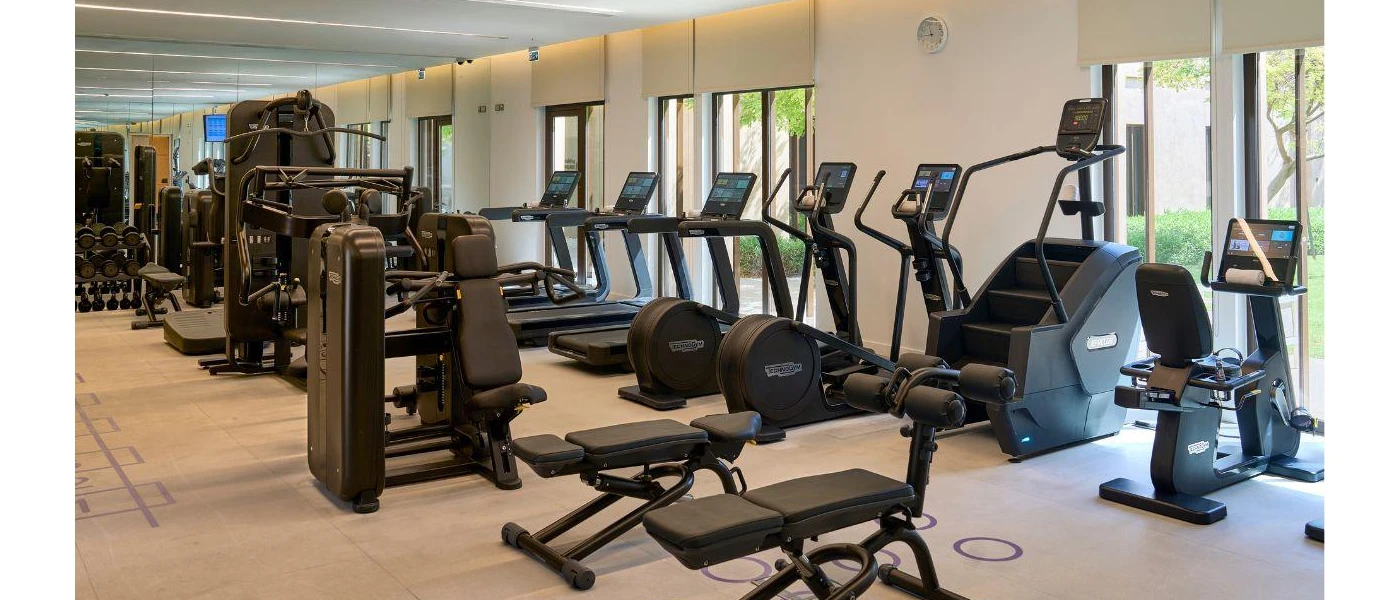 Bikes, steppers, benches and weight machines in a well-equipped gym with floor-to-ceiling windows