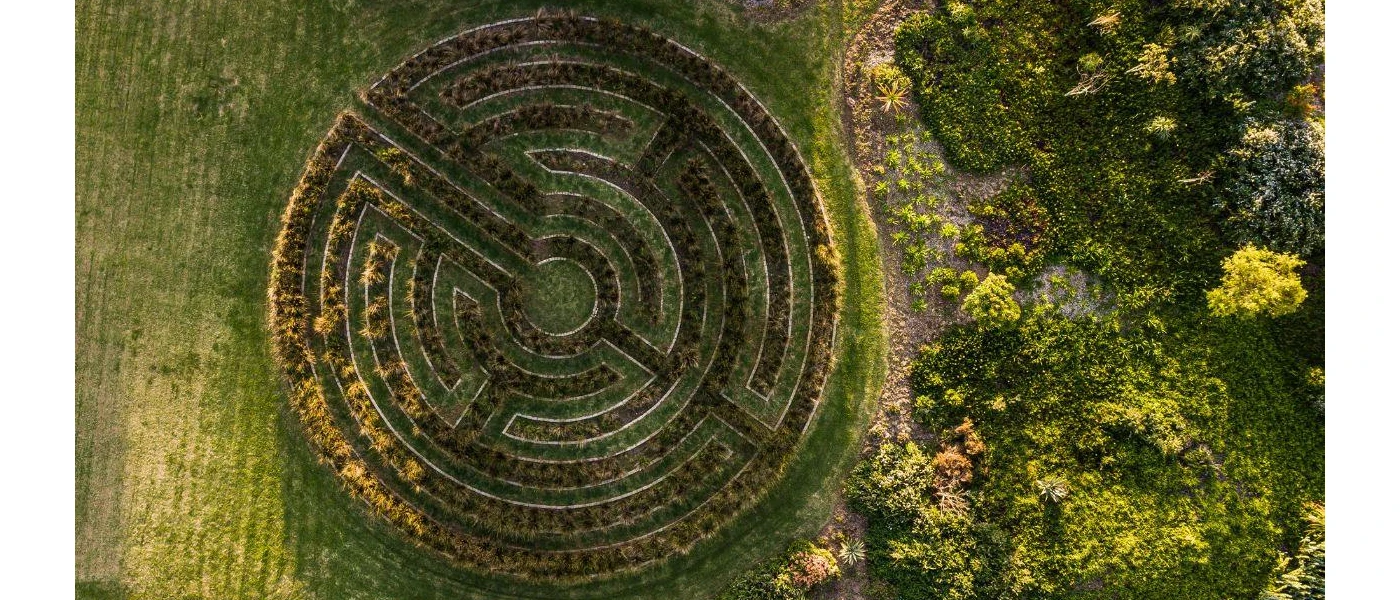 Intricate, circular labyrinth at SANté Wellness Retreat & Spa, as seen from above