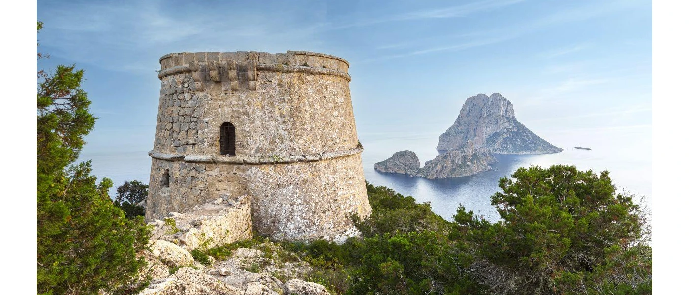 Torre de ses Portes, famous stone tower high above Ibiza's coastline once used to guard the island