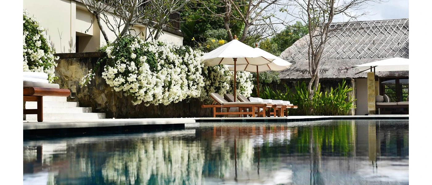 Swimming pool surrounded by bushes of white flowers, wooden loungers and white umbrellas