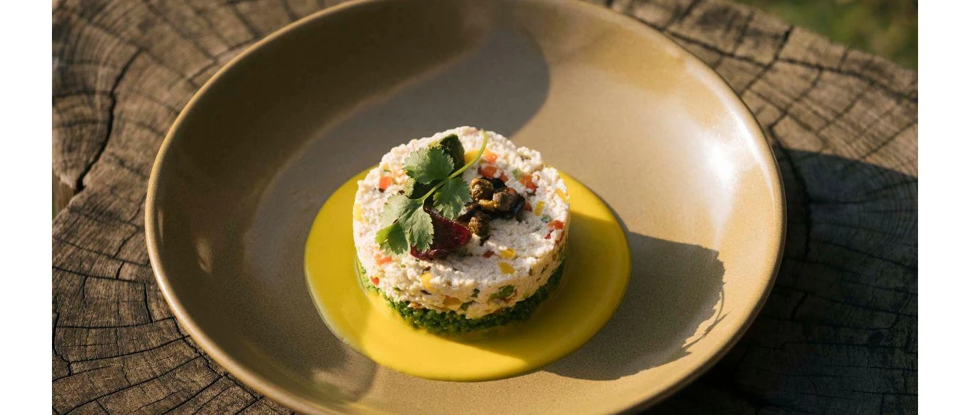 Mound of rice on a bed of green grains, topped with salad and herbs