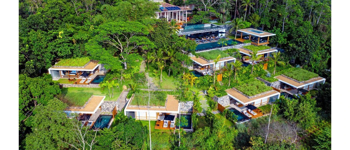Open-air villas staggered across a hillside in the jungle, with pools and loungers visible