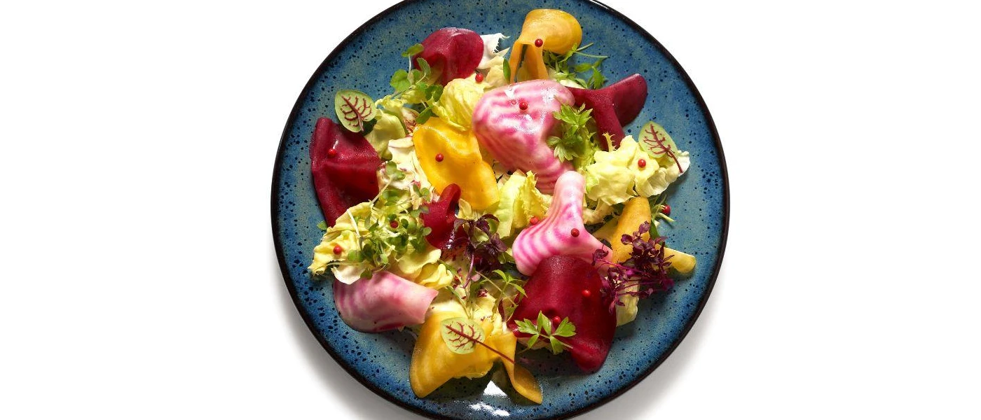 Healthy salad in yellow, pink and red colours, with herbs on top on a dark plate