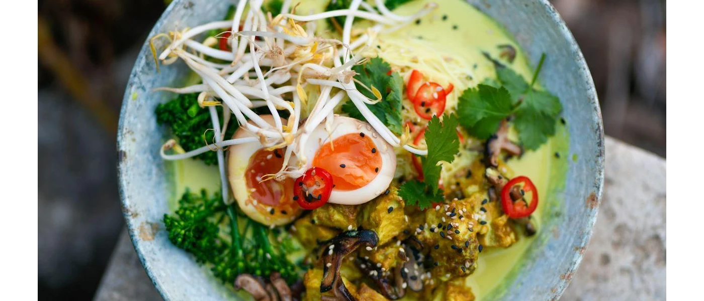 Healthy bowl with egg, broccoli, beansprouts and coriander in a creamy green sauce