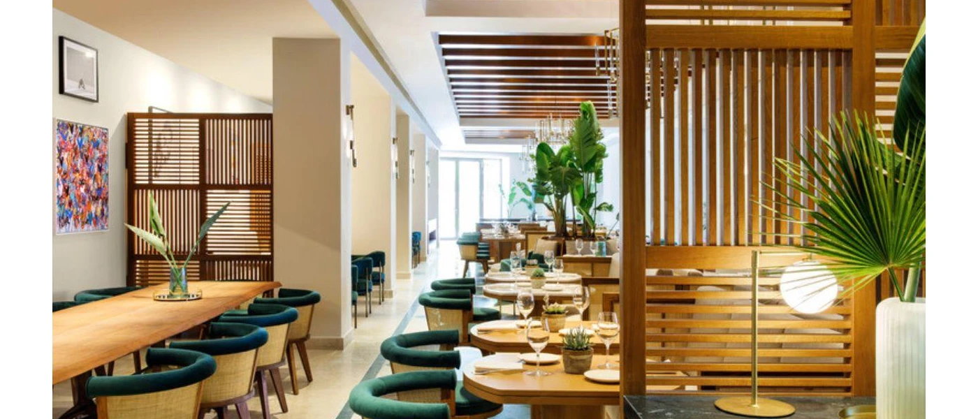 Airy restaurant with wooden partitions, green potted plants, wooden tables and blue chairs