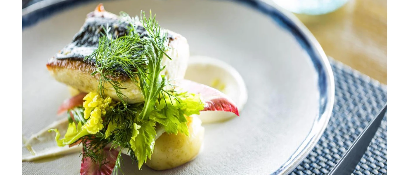 Piece of grilled fish on a new potato with salad on a white plate