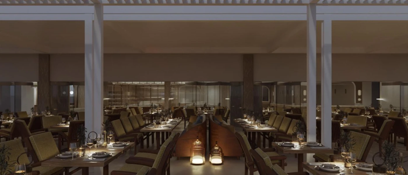 Lantern-lit restaurant with white pillars, dark-wood tables and chairs and full-length windows