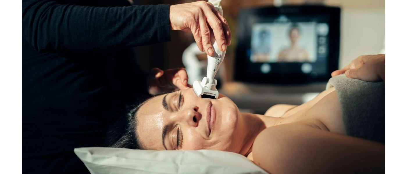 Smiling female lies on her back on a massage bed as a therapist uses a device on her face, with a medical-style digital screen in the background