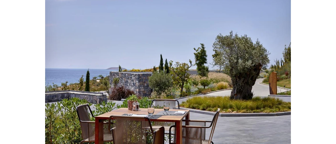 Wooden table on a sunny concrete terrace overlooking shrubs and the Aegean Sea