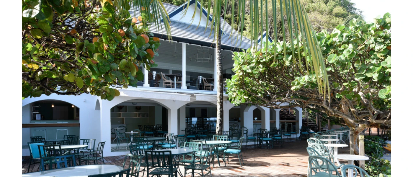 Outdoor dining area set with tables and chairs surrounded by greenery