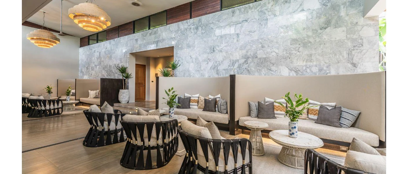 Airy seating area with rattan-style pendant lights, dark-wood chairs, light-wood coffee tables and sofas with cream pillows and grey cushions