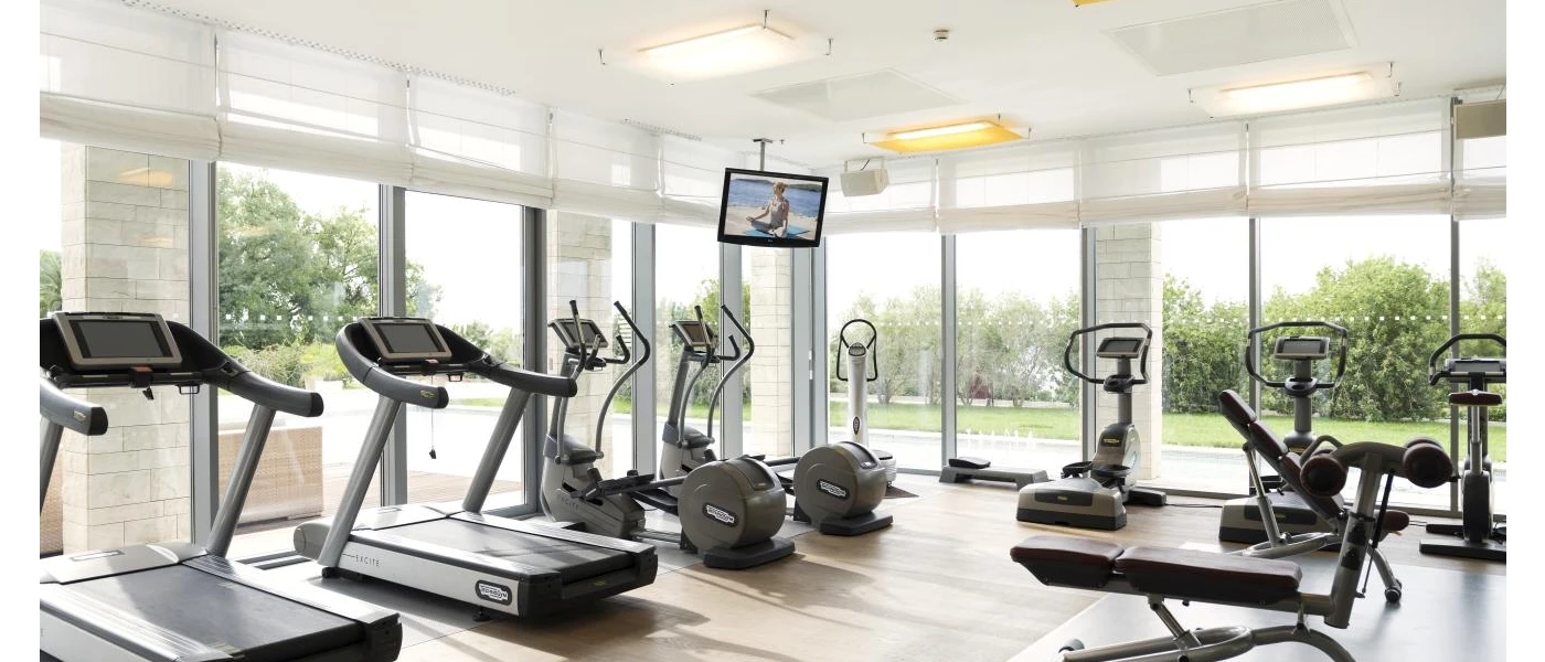 Treadmills and exercise bikes lined up in rows in a bright gym, with full-length windows overlooking a garden