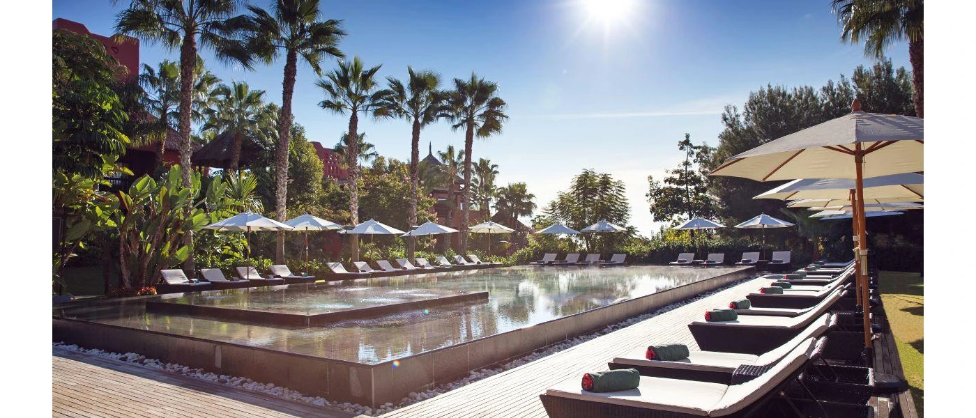 Rectangular raised pool surrounded by loungers, parasols and tropical greenery