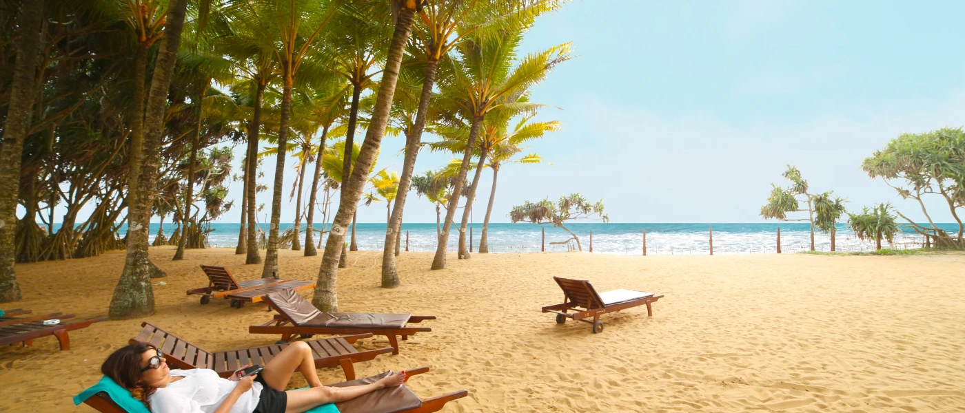 Guest relaxes on a wooden lounger on a golden beach scattered with greenery
