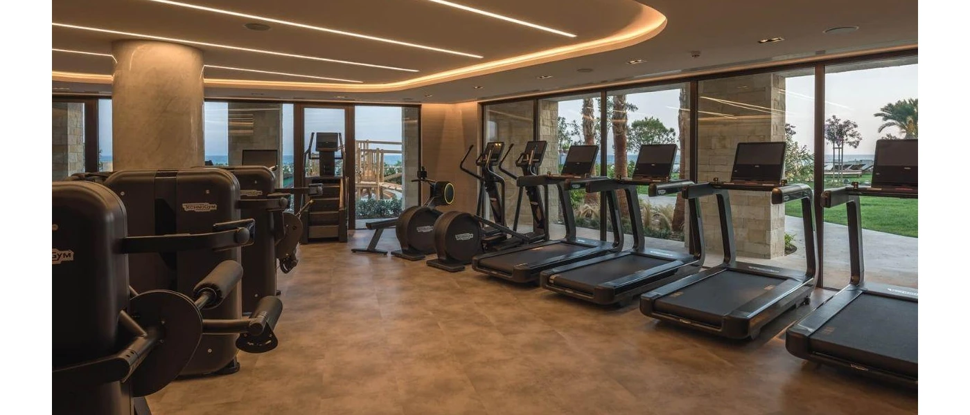 Gym with multiple treadmills, low lighting and full-length windows offering a view of the lawns and palm trees just beyond