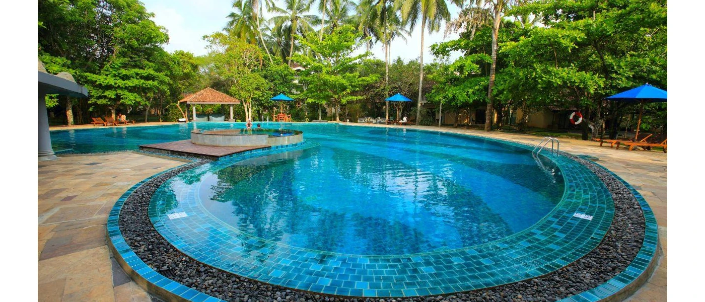 Curvy pool in a terrace surrounded by tropical gardens and blue parasols