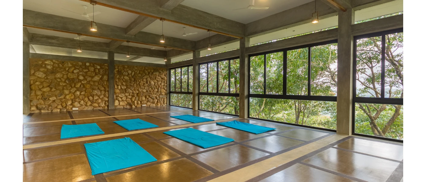 Yoga sala set up for a class with blue mats, wooden ceiling beams and floor-to-ceiling windows