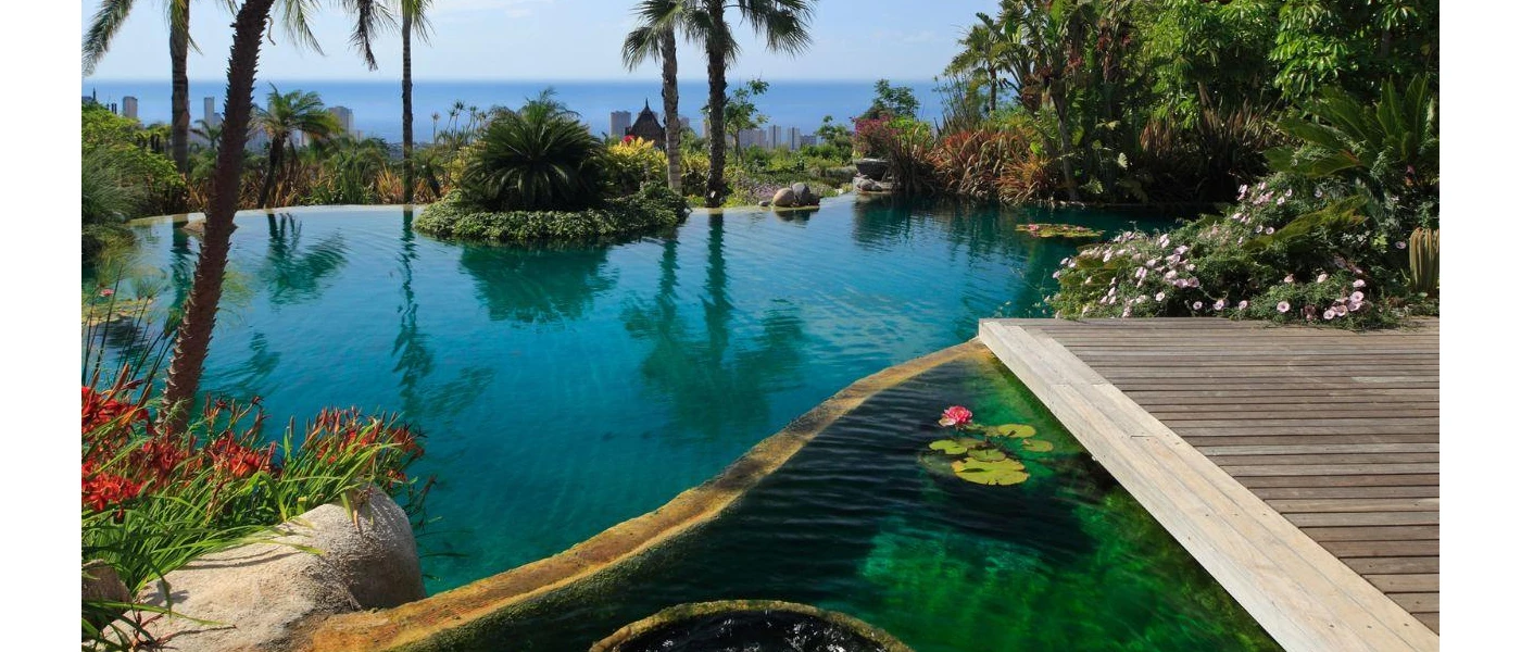 Infinity pool surrounded by tropical gardens and a wooden jetty