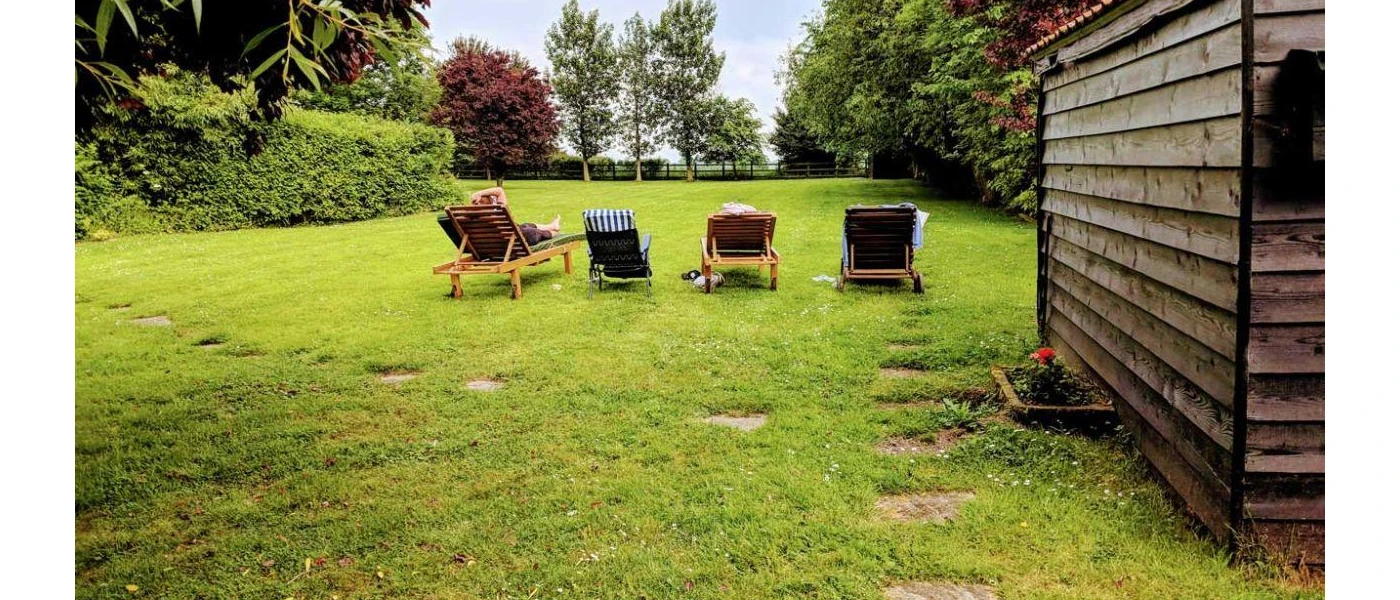 Four deck chairs on a grassy lawn, surrounded by trees and shrubs