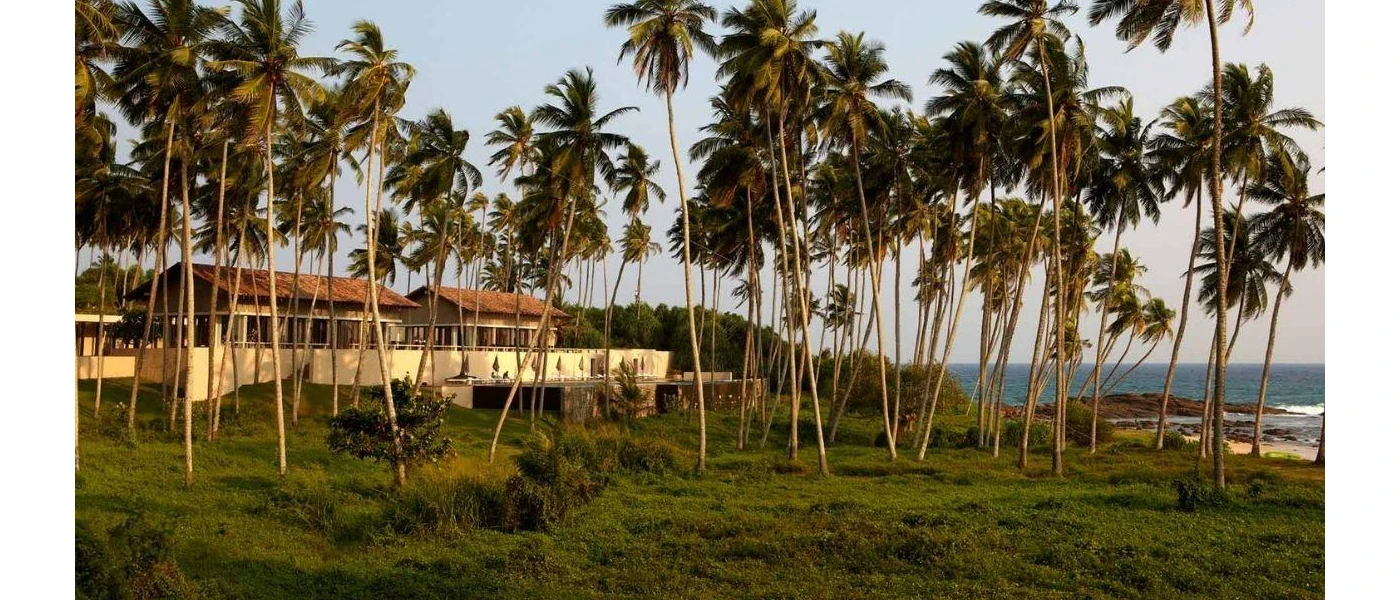 Tiled-roof low-rise buildings nestled among palm trees and greenery overlooking the sea