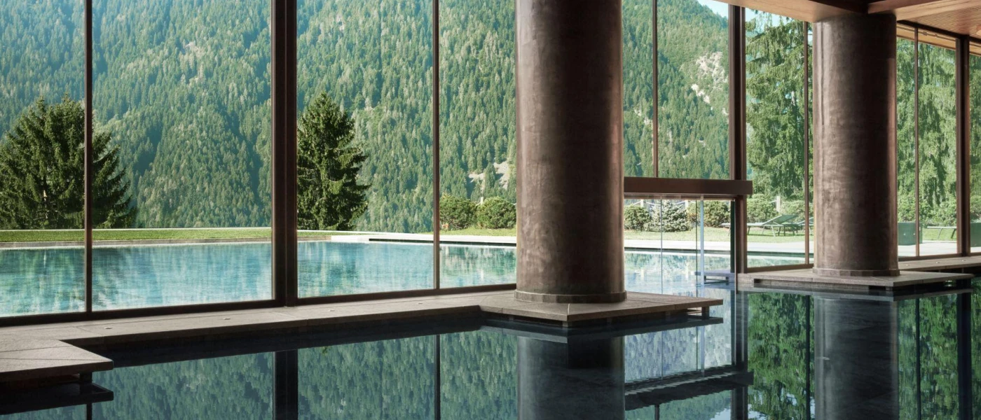 Swimming pool with indoor and outdoor sections separated by floor-to-ceiling glass and with a view of a thick forest