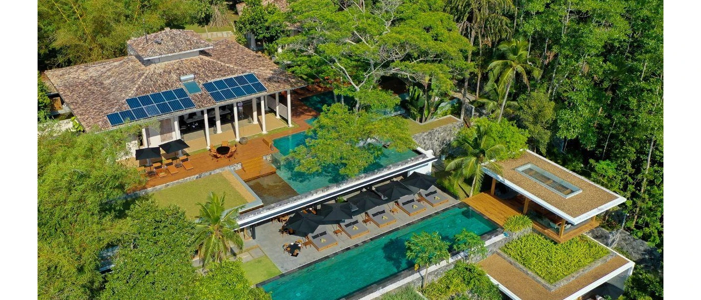 Aerial view of infinity pool, greenery and cushioned loungers