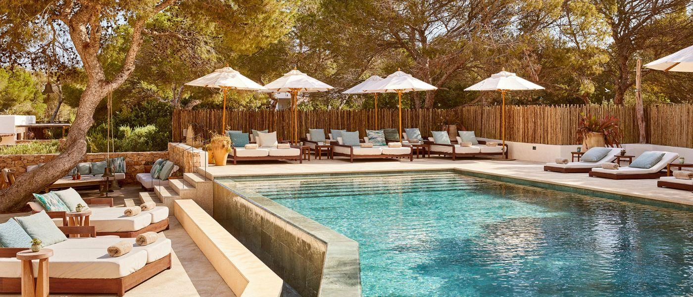Rectangular swimming pool in a sunny terrace surrounded by pine trees, with white-cushioned loungers and umbrellas lining the water's edge