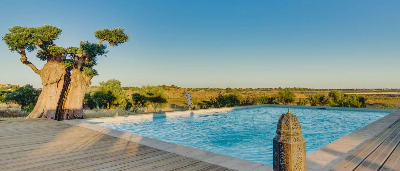 Rectangular pool in a wooden terrace, next to trees and under a blue sky