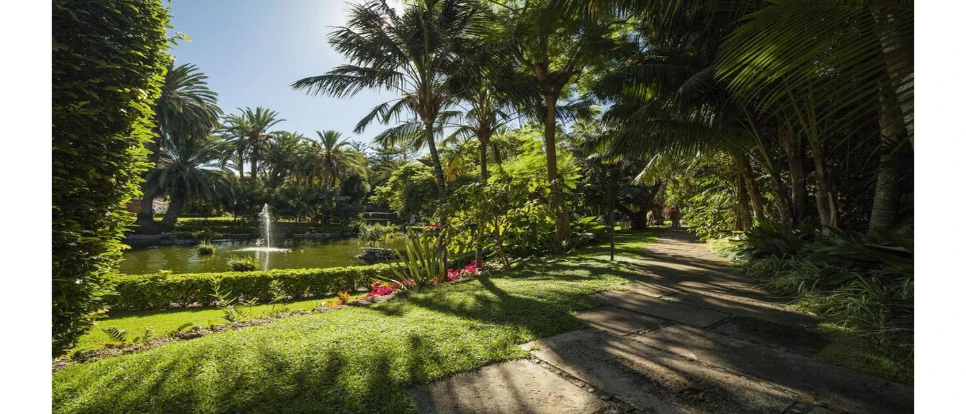 Tropical gardens and a pathway next to a lake with a water fountain at the centre