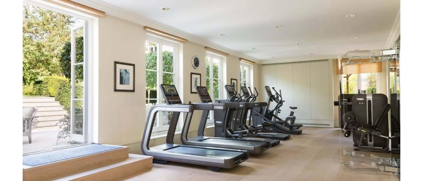 Treadmills and step machines lined up in an airy gym, with doors opening onto a furnished sunny terrace