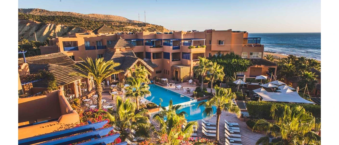 Paradis Plage hotel, swimming pool and gardens shot from above