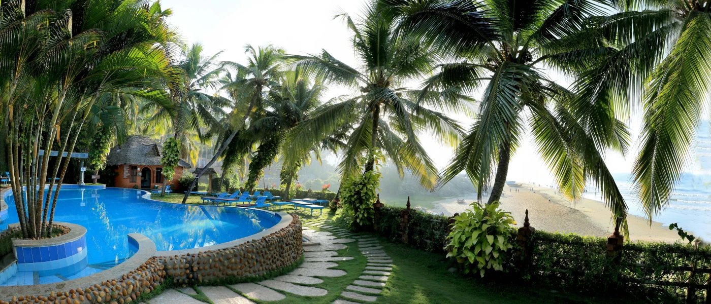 Curved raised swimming pool with a palm island, stone terrace, blue loungers and a view of the beach below