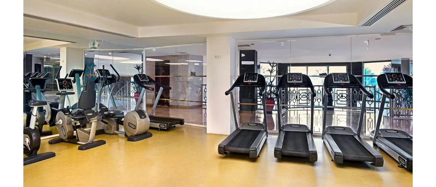 Gym studio with floor-to-ceiling windows and mirrors lined with treadmills and bikes