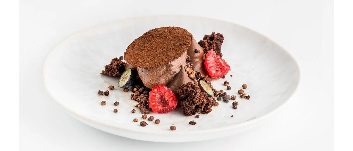 Chocolate mousse-like dessert topped with raspberries