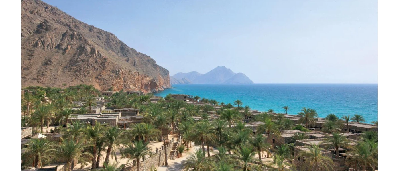 Mountains meeting the sea, with a blanket of palm trees in between