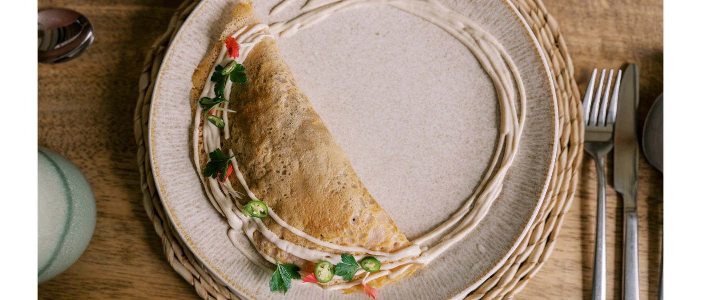Tortilla wrap folded over in half on a white plate drizzled with a white sauce