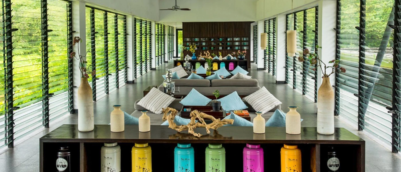 Stylish lounge area with wraparound full-length windows, grey sofas with blue cushions, and dark-wood chests with colourful jars and driftwood ornaments