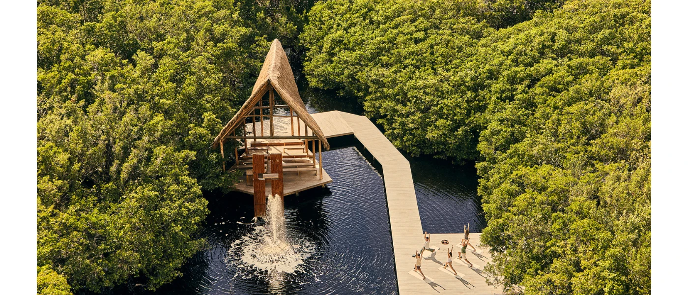 A group practice yoga on a sunny terrace, surrounded by greenery and a pond with an open-air pavilion at its centre