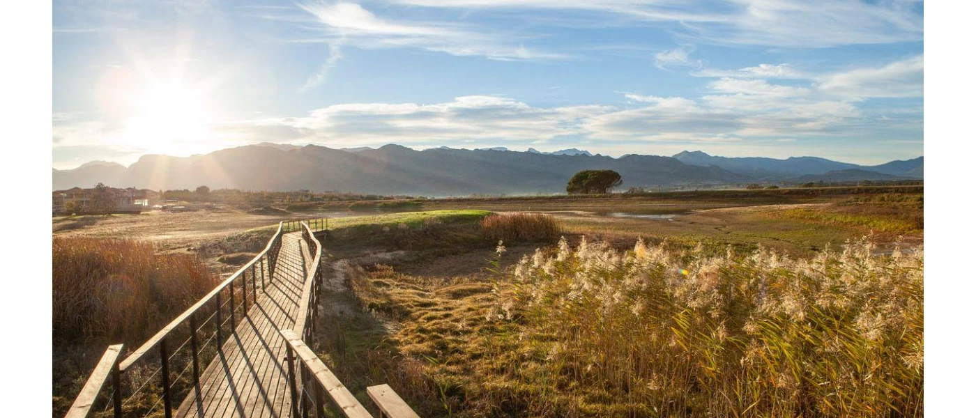 A wooden walkway suspended over green fields and mountains under a blue sky