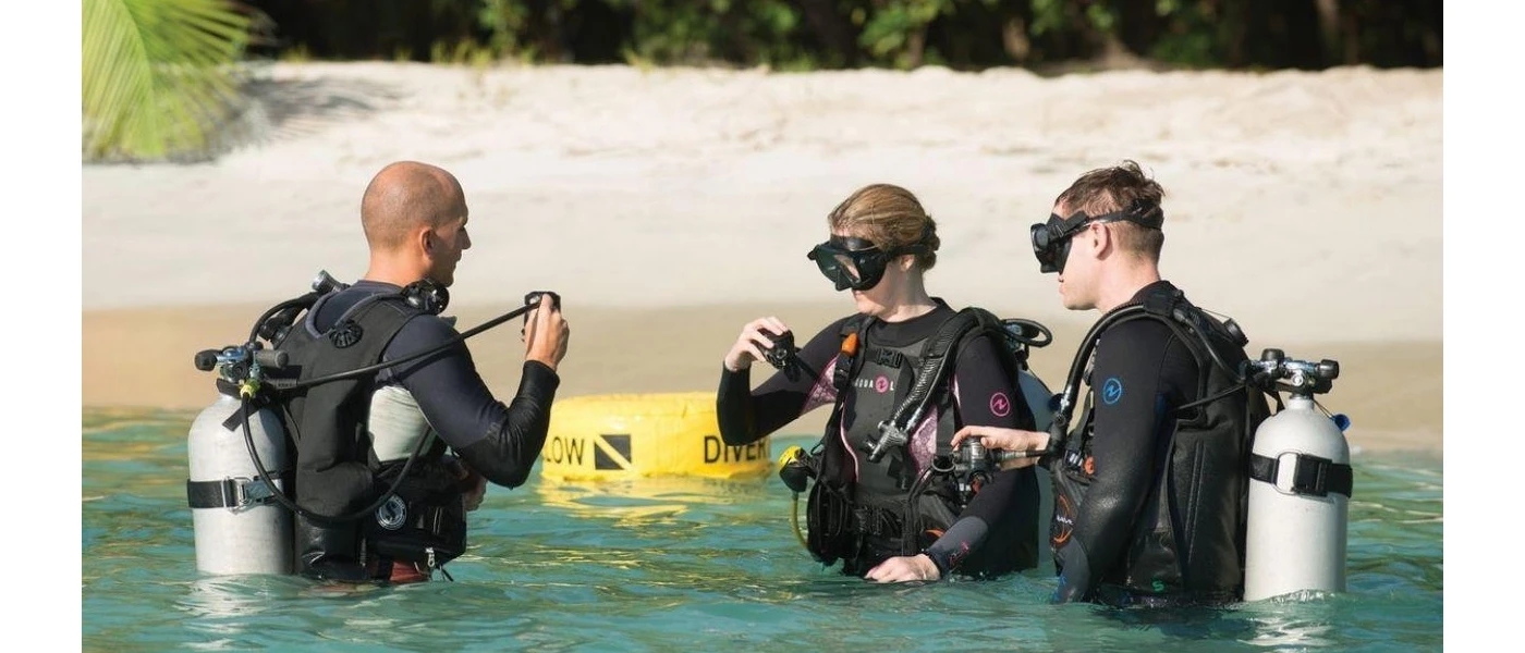 People wearing scuba diving attire in the shallows with a white beach behind them