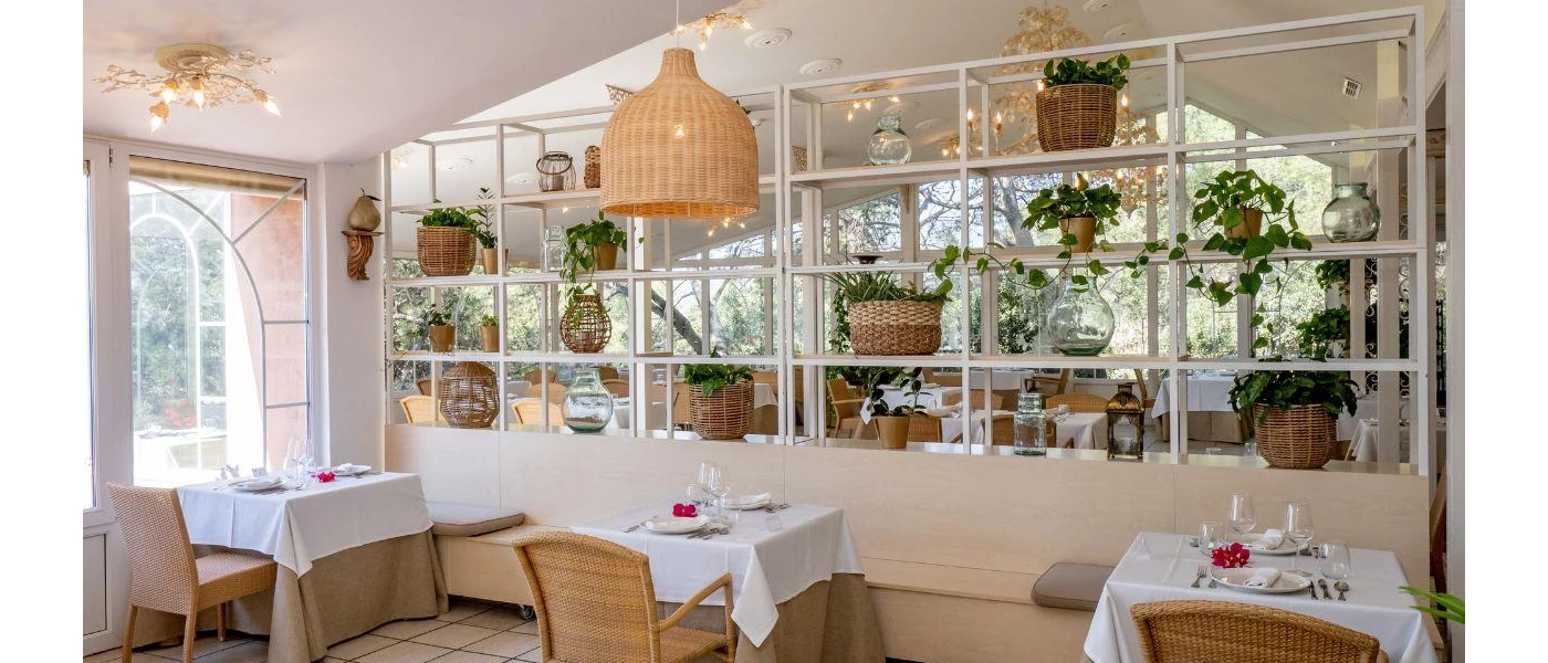 Airy restaurant with white tablecloths, rattan lantern-style hanging lights, wooden shelves filled with rattan pots of green plants and chandeliers just beyond