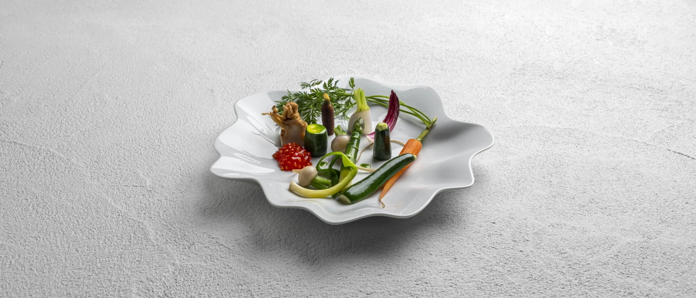Dainty vegetables laid out on a small white plate